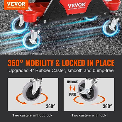 VEVOR Mechanic Stool 300 LBS Capacity Garage Stool Gift for Men, Heavy Duty Rolling Mechanics Seat, with Three Slide Out Tool Trays and Drawer, Tools for Automotive Auto Repair | Auto Repair Heavy Duty Plastic Rolling Mechanics Seat with Cushion, Three Sl