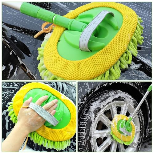 Weiliya 47.5"" Car Wash Brush Mop Cleaning Tool with Long Handle Kit for Washing Detailing Cars Truck, SUV, RV, Trailer, Boat 2 in 1 Chenille Microfiber Sponge Duster Not Hurt Paint Scratch Free