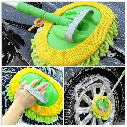 Weiliya 47.5"" Car Wash Brush Mop Cleaning Tool with Long Handle Kit for Washing Detailing Cars Truck, SUV, RV, Trailer, Boat 2 in 1 Chenille Microfiber Sponge Duster Not Hurt Paint Scratch Free