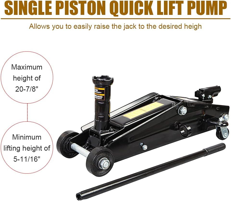 3 Ton (6,000 lbs) Low Profile Heavy Duty Steel Hydraulic Floor Jack with Single Piston Pump, Lifting Range 5-11/16" to 21", for Car, SUV and Truck, Black - color: black