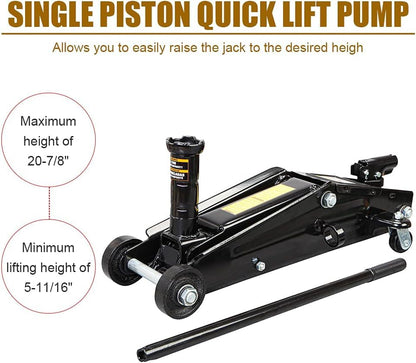 3 Ton (6,000 lbs) Low Profile Heavy Duty Steel Hydraulic Floor Jack with Single Piston Pump, Lifting Range 5-11/16" to 21", for Car, SUV and Truck, Black - color: black