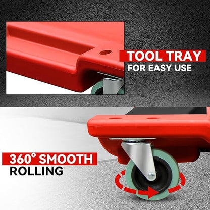 LARIN 40 Inch Mechanic Creeper – Blow Molded Low Profile Rolling Garage Creeper with Padded Headrest, Dual Tool Trays, 350 lbs Capacity, Ergonomic Shoulder Recess Design