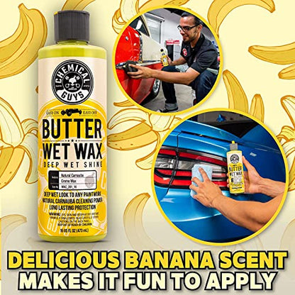 Chemical Guys WAC_201_16 Butter Wet Wax, Deep Wet Shine, for Cars, Trucks, SUVs, RVs & More, Banana Scent with MIC_506_03 Professional Grade Premium Microfiber Towels, Gold 16" x 16", Pack of 3