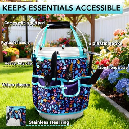KUNN Bucket Tool Organizer 5 Gallon with Hangable Handle 18-Pocket Detachable Bucket Bag for Tools, Garden Caddy Tote with Pockets, Heavy Duty 600D Polyester Gardening Accessory,Blue - style: Navy Bloom