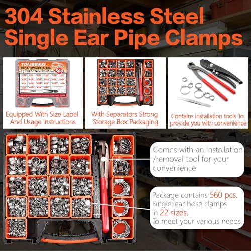 560PCS 22-Sizes Stepless Single Ear Hose Clamp Kit with Pliers, 5.3-36.1mm (~1/4"-1-3/8") 304 Stainless Steel Leak-Proof Clamps, for Automotive Fuel Line, CV Boot, PEX Pipe, HVAC & Marine - size: 560PCS