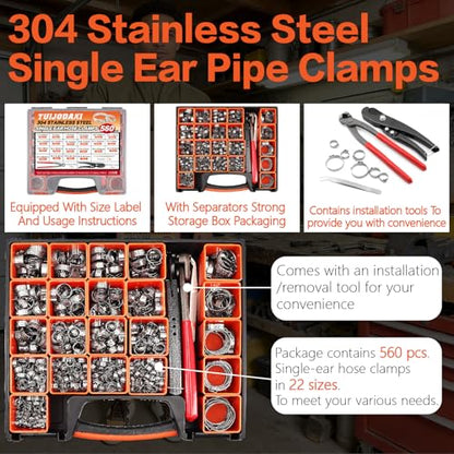 560PCS 22-Sizes Stepless Single Ear Hose Clamp Kit with Pliers, 5.3-36.1mm (~1/4"-1-3/8") 304 Stainless Steel Leak-Proof Clamps, for Automotive Fuel Line, CV Boot, PEX Pipe, HVAC & Marine - size: 560PCS