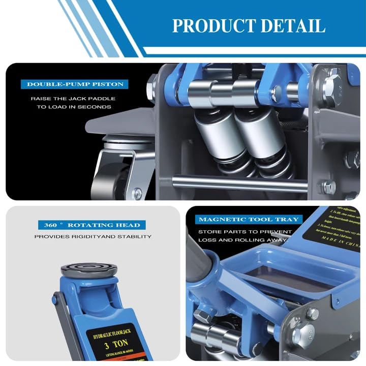 LARBANKE 3T Heavy-Duty Floor Jack with Magnetic Tray,Featuring Dual-Piston Rapid-Rise Pump,Floor Jack with Load Capacity up to 6600 lbs,Lifting Range from 3.15"-18.31",Suitable for Multiple Vehicle