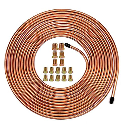MuHize Upgraded Brake Line Tubing Kit - 25 Ft. of 3/16 Copper Coated Flexible Tube, Roll 25 ft 3/16" (Includes 16 Fittings) - color: Gold