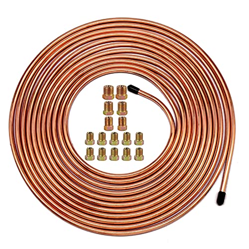 MuHize Upgraded Brake Line Tubing Kit - 25 Ft. of 3/16 Copper Coated Flexible Tube, Roll 25 ft 3/16" (Includes 16 Fittings) - color: Gold