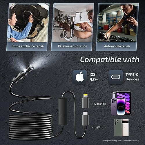 Dual Lens Endoscope Camera with Light | 1920P Borescope Camera with 8+1 Adjustable LED Lights, Semi-Rigid Cable 16.5FT, IP67 Waterproof for iPhone, iPad, Samsung