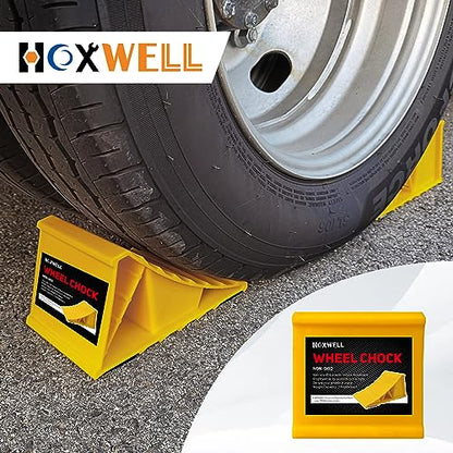 HOXWELL 2 Pairs Wheel Chocks for Travel Trailers, Non Slip Heavy Duty Yellow Wheel Chock, Lightweight Wheel Stoppers for Cars Camper Trucks RVs, Easy to Carry & Suitable for Most Tyre Sizes