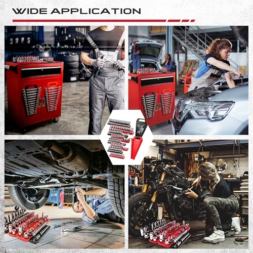 10-Piece Socket and Wrench Organizer Set, 8PC Socket Organizer Tray and 2PC 24-Slot Magnetic Wrench Organizer, for 1/4", 3/8", 1/2" Drive SAE and Metric, Toolbox Drawer Storage, Tools Not Included