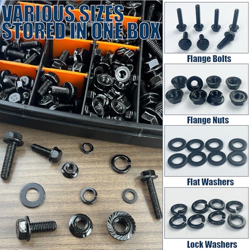 400pcs Metric Flange Bolt Assortment 10.9 Grade Black Hex Bolts M6x1.0, M8x1.25, M10x1.5 (12mm to 45mm) Assorted Nuts and Bolts Washers Kit for Automotive - size: Flange Bolts-400PCS KIT