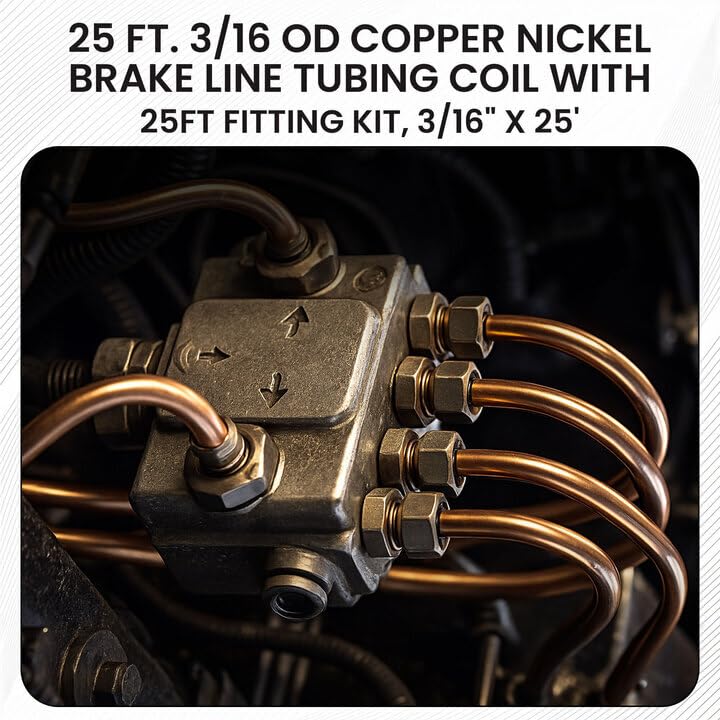 The Stop Shop 25 Feet of 3/16 Inch (4.75 mm) Copper Nickel Brake Line (.028" Wall Thickness) with Fittings - size: 25 Foot Kit