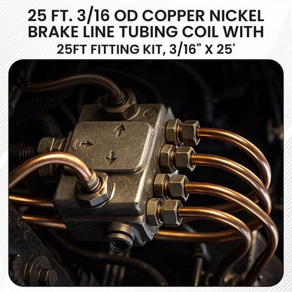 The Stop Shop 25 Feet of 3/16 Inch (4.75 mm) Copper Nickel Brake Line (.028" Wall Thickness) with Fittings - size: 25 Foot Kit