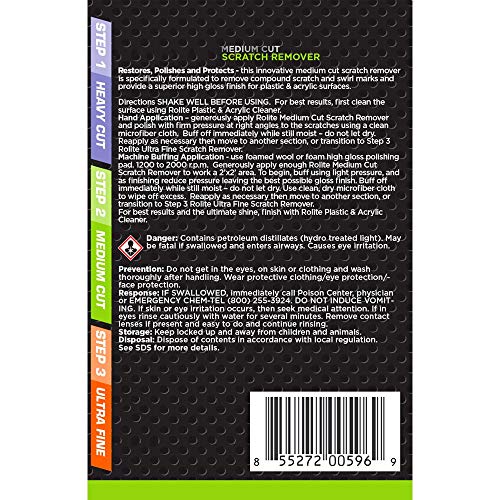 Rolite 3 Step Scratch Removal System for Clear Plastic and Acrylic Surfaces - Heavy Cut, Medium Cut and Ultra Fine Combo Set Removes Scratch and Swirl Marks, 3 - 4 Ounce Bottles