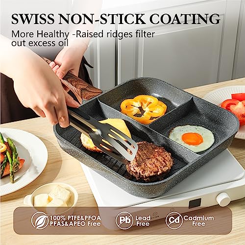 Sensarte Nonstick 11-Inch Square Grill Pan, 3-Section Versatile Breakfast Skillet, Die-cast Aluminum, PFOA, PFOS, APEO Free, Induction, Gas, Electric, Glass, Ceramic - color: Gray Granite-3 Section, size: 11 Inch