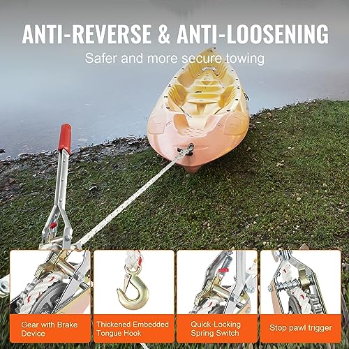 VEVOR Rope Puller, 3/4 Ton (1,653 lbs) Pulling Capacity, with 100' of 0.6" dia. Rope, 2 Hook, Come Along Winch, Heavy Duty Ratchet Power Puller Tool for Moving Boats, Securing Items, Transporting Logs - size: 3/4 Ton
