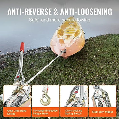 VEVOR Rope Puller, 3/4 Ton (1,653 lbs) Pulling Capacity, with 100' of 0.6" dia. Rope, 2 Hook, Come Along Winch, Heavy Duty Ratchet Power Puller Tool for Moving Boats, Securing Items, Transporting Logs - size: 3/4 Ton