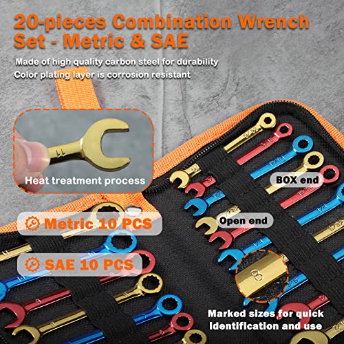 Small Combination Wrench Sets Metric and Standard 20 PCS 4-11mm & 5/32" to 7/16" Color Plated Open and Box End Mini Wrenches with Key Ring Ignition Wrench Set with Zipper Bag - style: Metric and SAE
