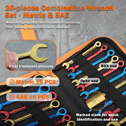 Small Combination Wrench Sets Metric and Standard 20 PCS 4-11mm & 5/32" to 7/16" Color Plated Open and Box End Mini Wrenches with Key Ring Ignition Wrench Set with Zipper Bag - style: Metric and SAE