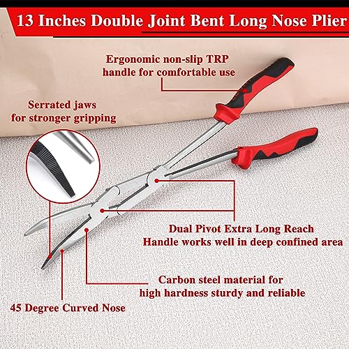 13 Inches Dual Pivot Pliers Double Joint Bent Long Nose Dual Material Pliers with Serrated Jaw 45 Degree Extra Long Reach Compound Action Pliers for Hard to Reach Narrow Spaces - style: Bent Nose