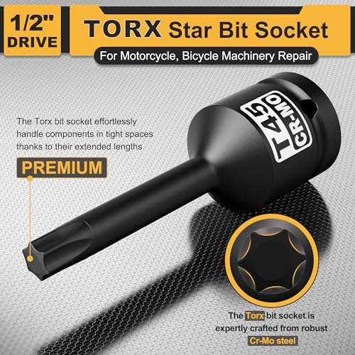1/2" Drive T45 Torx Bit Socket, Star Bit Socket, CR-MO Steel, Motorcycle, Bicycle Machinery Repair - size: 1/2" T45 Deep