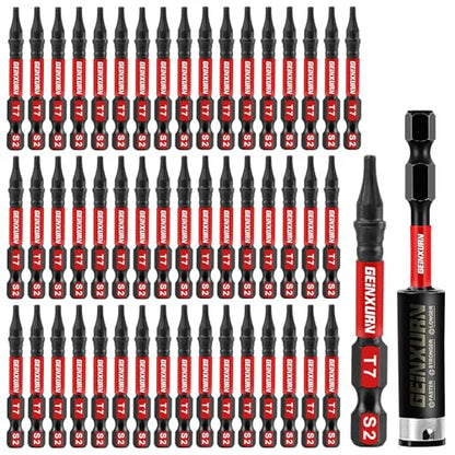 Geinxurn 51 Pieces T7 Impact Tough Magnetic Screwdriver Bit Set, 2 In. #7 Torx Head Power Bit Set, S2 Alloy Steel T7 Star Bit with 1Pc Impact Bit Holder - size: 2"-51PCS, style: T7