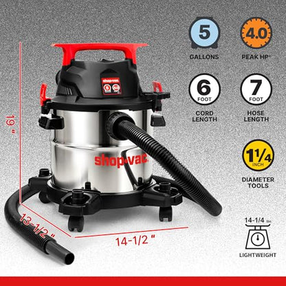 Shop-Vac 5430162 Wet/Dry Vacuum, 5 Gallon | 4 Peak HP, 1-1/4 Inch Diameter x 7 Foot Hose, 6 Foot Cord, Ideal for Jobsite, Garage, Workshop & Home