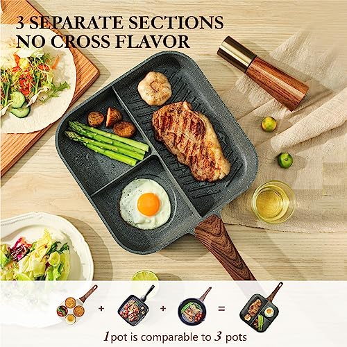 Sensarte Nonstick 11-Inch Square Grill Pan, 3-Section Versatile Breakfast Skillet, Die-cast Aluminum, PFOA, PFOS, APEO Free, Induction, Gas, Electric, Glass, Ceramic - color: Gray Granite-3 Section, size: 11 Inch