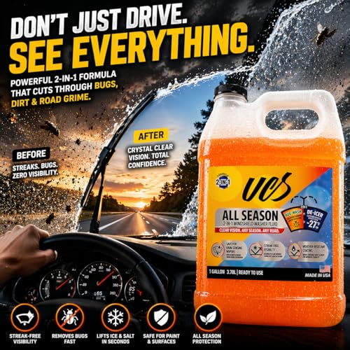 UCS Advanced All-Season Windshield Washer Fluid -27°F, Water Repellent Technology, Powerful Bug Remover, Streak-Free Cleaning, Ready-to-Use RTU, 1 Gallon - color: All Season, size: 128 Fl Oz (Pack of 1)