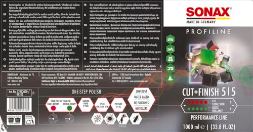SONAX Cut & Finish 225300 | High Performing Polish/Compound | Rated 5 Cut & 5 Gloss | Removes Paint Defects, P1500 Sanding Marks & Water Spots | Long Work Time & Easy Wipe-Off | Silicone-Free | 1000ml - size: 1L