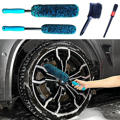 oesee PRO Choice 4 Pack Long Handle Wheel Brush Kit for Cleaning Wheel and Tire- 2X Soft Wheel Cleaning Brush, Detailing Brush and Stiff Tire Brush - color: 4 Pack (Blue & Black)