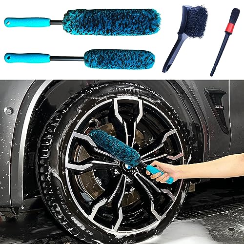 oesee PRO Choice 4 Pack Long Handle Wheel Brush Kit for Cleaning Wheel and Tire- 2X Soft Wheel Cleaning Brush, Detailing Brush and Stiff Tire Brush - color: 4 Pack (Blue & Black)