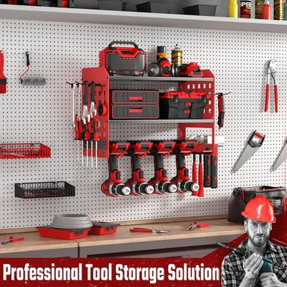 SUNALLY Power Tool Organizer, Heavy Duty Wall Mount Tool Organizer 3 Layers with 4 Drill Holders, Garage Tools Storage Rack with 2 Side Pegboards and Hooks for Workshop, Shed, Red - style: 4 Drill Holders D