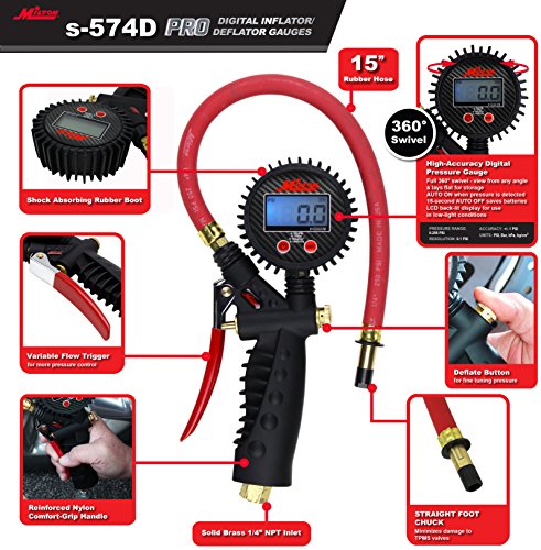Milton Pro Digital Tire Pressure Gauge S-574D, Straight Foot Chuck, Pistol Grip Handle, Easy to Read 0.1 Display, 255 PSI Max Pressure, 15 Inch Hose, 1/4" NPT (PSI, kPa, Bar, and kg/cm2) - size: Straight Foot Chuck, style: Digital
