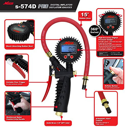 Milton Pro Digital Tire Pressure Gauge S-574D, Straight Foot Chuck, Pistol Grip Handle, Easy to Read 0.1 Display, 255 PSI Max Pressure, 15 Inch Hose, 1/4" NPT (PSI, kPa, Bar, and kg/cm2) - size: Straight Foot Chuck, style: Digital