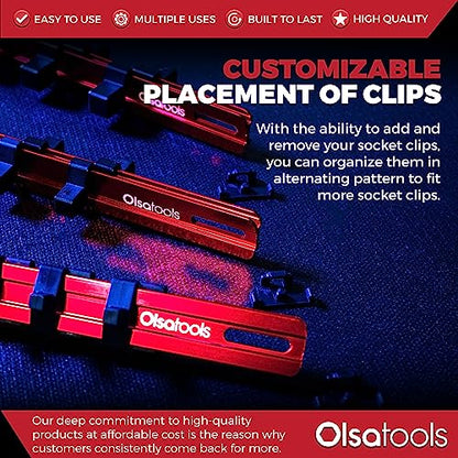 Olsa Tools 3-Pc Set Aluminum Socket Organizer | Locking End Caps | 1/4-Inch, 3/8-Inch, 1/2-Inch Drive Socket Holders with 24, 18, 16 Clips Each (Red) - color: Red, size: 3pc, 1/4, 3/8, & 1/2-Inch Drive
