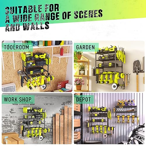 SUNALLY Power Tool Organizer, 4 Drill Holder Wall Mount, Garage Tool Organizer and Storage with Screwdriver Holder, Garage Organization, 4 Layer Cordless Drill Holder with Hammer Holder - style: 4 Drill Holders G