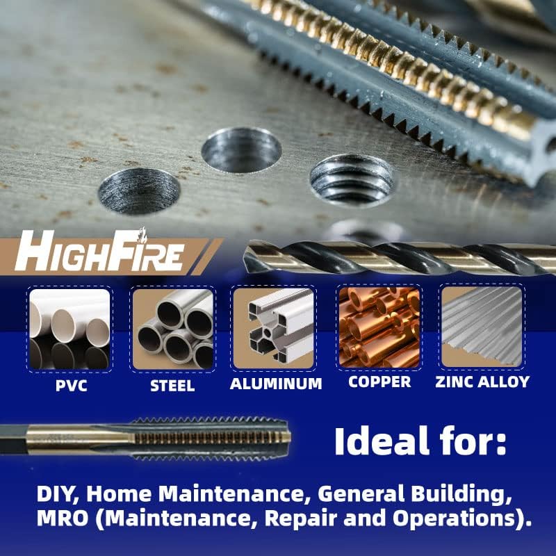 HIGHFIRE 18-Piece Metric Drill and Tap Set with 1 Piece T-Handle Ratchet, Black and Gold Premium HSS Jobber Length Drill Bits and Hand Plug Taps with Metal Indexed Box - size: 18PCS metric