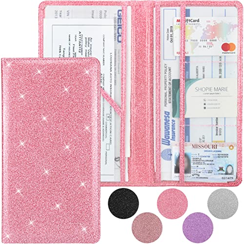 Car Registration and Insurance Holder, Premium Leather Insurance and Registration Holder,vehicle Glove Box Car Organizer, with Magnetic Shut for Cards, Driver License (Glitter Pink) - color: 06-Glitter Pink