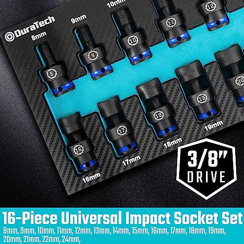 DURATECH 3/8" Drive Impact Universal Joint Socket Set, 16-Piece, 8-24MM | Swivel Socket Set, Metric, Cr-Mo Steel, EVA Foam Organizer - size: 16pc