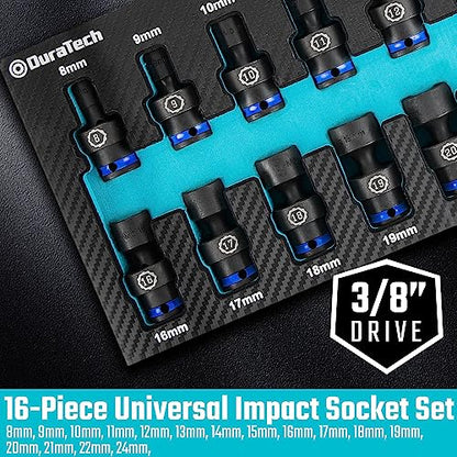 DURATECH 3/8" Drive Impact Universal Joint Socket Set, 16-Piece, 8-24MM | Swivel Socket Set, Metric, Cr-Mo Steel, EVA Foam Organizer - size: 16pc