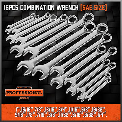 HORUSDY 32-Piece Combination Wrench Set, SAE and Metric, 1/4"-1" & 7mm-22mm, 12 Point, Chrome Vanadium Steel Construction with Case - style: 32-Piece Combination Wrench Set
