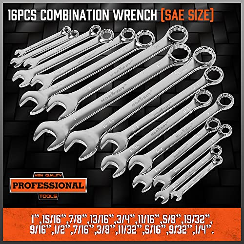 HORUSDY 32-Piece Combination Wrench Set, SAE and Metric, 1/4"-1" & 7mm-22mm, 12 Point, Chrome Vanadium Steel Construction with Case - style: 32-Piece Combination Wrench Set