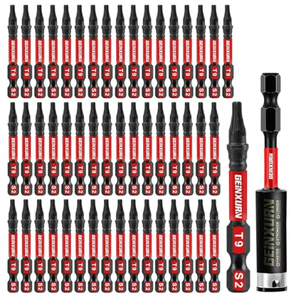Geinxurn 51 Pieces T9 Impact Tough Magnetic Screwdriver Bit Set, 2 In. #9 Torx Head Power Bit Set, S2 Alloy Steel T9 Star Bit with 1Pc Impact Bit Holder - size: 2"-51PCS, style: T9