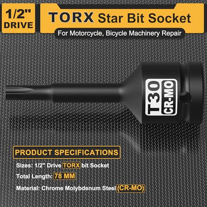 1/2" Drive T30 Torx Bit Socket, Star Bit Socket, CR-MO Steel, Motorcycle, Bicycle Machinery Repair - size: 1/2" T30 Deep
