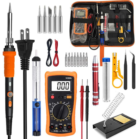 908B Orange All-in-One Soldering & Desoldering Kit with Multimeter, 60W Adjustable Soldering Iron for Electronics Repair, Includes 5 Tips, Solder, Pump, Wick, Tweezers, 110V - color: Orange