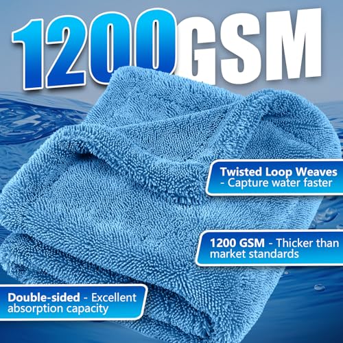 Airlab Car Drying Towel Microfiber Towels for Cars 1200 GSM Wash Auto Detailing Supplies Twist Pile Cleaning Cloth Absorbent Quick Dry Soft Loop Dry Flash Towel, 24 x 16 Inch,Pack of 1, Blue - color: 24 X 16 Inch, Pack of 1, Light Blue, 1200 Gsm