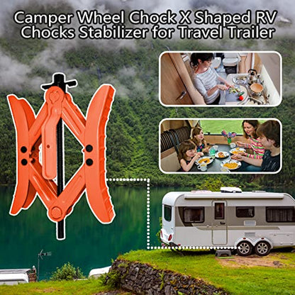 RV Wheel Chock Stabilizers,Camper Heavy Duty Tire Chock Stabilizers,Travel Trailers Wheel Chock Scissor 2 Sets with Ratchet,hex Socket,Gloves (RED) - color: Red